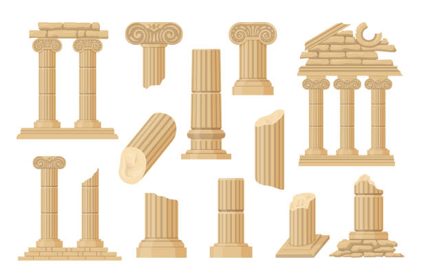 ilustraciones, imágenes clip art, dibujos animados e iconos de stock de antigua ruina agrietada edificio de piedra monumento de la historia de la ciudad perdida arquitectura conjunto vector isométrico - en ruinas