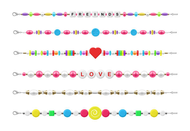 illustrations, cliparts, dessins animés et icônes de bracelet perle en plastique amitié amour funky enfants mignons accessoires ensemble réaliste illustration vectorielle - charm necklace
