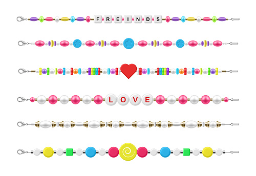 Plastic bead bracelet friendship love funky kids cute accessories set realistic vector illustration. Colorful stylish accessory for hand bright trendy jewelry funny fashion decoration with charms gems