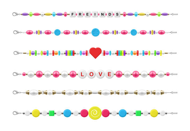 Plastic bead bracelet friendship love funky kids cute accessories set realistic vector illustration Plastic bead bracelet friendship love funky kids cute accessories set realistic vector illustration. Colorful stylish accessory for hand bright trendy jewelry funny fashion decoration with charms gems plastic bead necklace stock illustrations