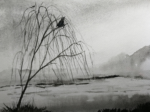 watercolor ancient chinese ink painting asian landscape mountain fog mystery crow sitting on a willow tree.