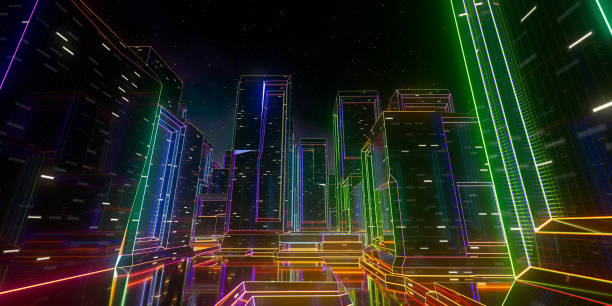istock Futuristic Abstract Neon Cyber City Ground Level View. 3d Illustration. 1584358506