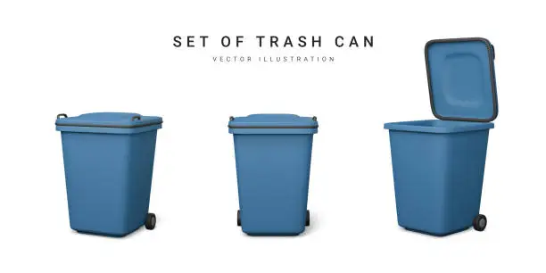 Vector illustration of Set of 3d realistic blue trash cans isolated on white background. Vector illustration