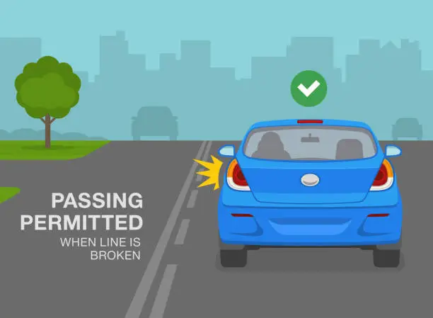 Vector illustration of Safety driving rules. Use of street lines. Sedan car is turning to left on broken line. Passing permitted if line is broken warning design. Back view of a vehicle.