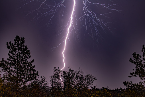 Lightening strikes during strong thunder storm near Pikes Peak in Colorado in western USA of North America