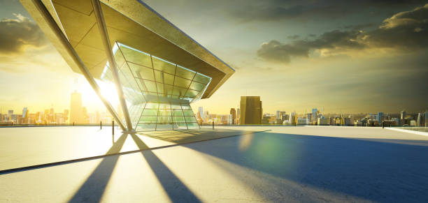 istock 3D empty concrete floor with polygon shape design modern building exterior 1584417354