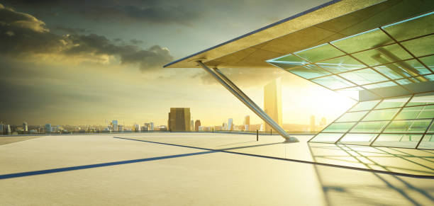 istock 3D empty concrete floor with polygon shape design modern building exterior 1584417895
