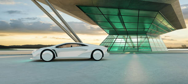istock 3D Empty cement floor with modern building exterior and brandless electric EV car 1584418465