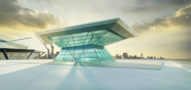 istock 3D empty concrete floor with polygon shape design modern building exterior 1584418987