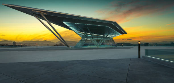 istock 3D empty concrete floor with polygon shape design modern building exterior 1584420022