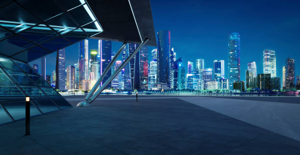 istock 3D empty concrete floor with polygon shape design modern building exterior 1584420028
