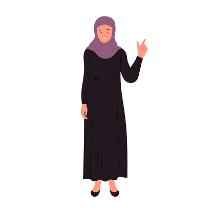 Muslim businesswoman pointing finger gesture. Arabic female manager paying attention cartoon vector illustration