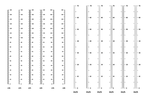 Height scale for children with gradation from 0 to 160 cm or inch. Kid vertical stadiometer or ruler for measuring height, child length meter template for the wall, vector illustration