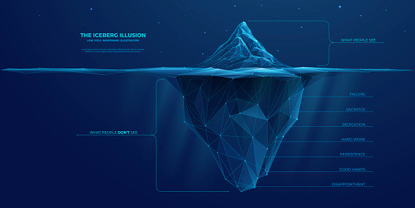 Abstract Iceberg illusion diagram. What people see and what is success hidden part of hard work. Low poly wireframe vector illustration on technology blue background.