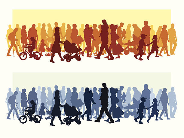 Crowd Crowd of people walking on a street. red white blue bike stock illustrations