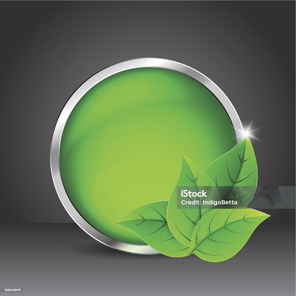 Green glass button with leaves Green glass button with leaves on a black background. Vector illustration. EPS10. Contains transparent objects (shadow and glow on the button, shadow and reflections  on the leaves) Black Color stock vector