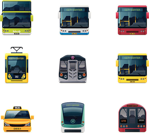 Public transport icons Set of the detailed icons representing urban public transport vehicles train vehicle front view stock illustrations