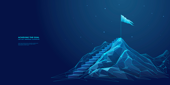 Abstract digital mountain, flag, and stairs. Leadership concept. Goal achievement concept. Low poly wireframe vector illustration in futuristic modern style on technological blue background.