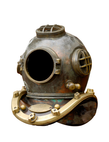 Antique diving equipment isolated with clipping path on white background