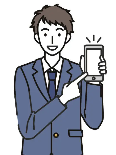 Vector illustration of Male high school student showing a smartphone