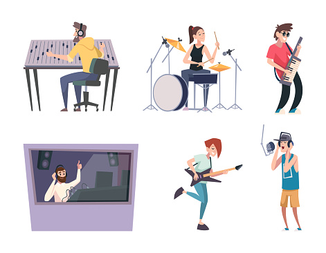 Music studio. Sound production singers at workplace exact vector cartoon characters of sound music production with equipment and technology illustration