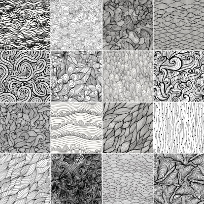 Sixteen black and white wave patterns (seamlessly tiling).Seamless pattern can be used for wallpaper, pattern fills, web page background,surface textures. Gorgeous seamless wave background