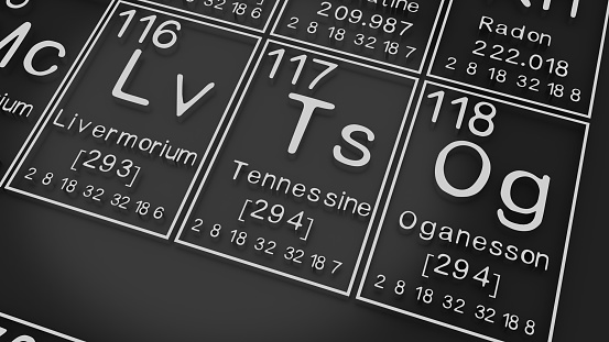 Livermorium, Tennessine, Oganesson on the periodic table of the elements on black blackground,history of chemical elements, represents the atomic number and symbol.,3d rendering