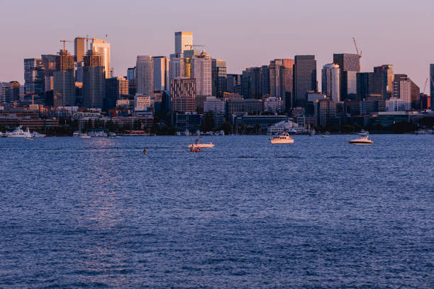 Seattle Washington City Skyline Sunset Over Lake Union. King County Washington Pacific Northwest Scenic Imagery with travel, tourism, and city landmark concepts.