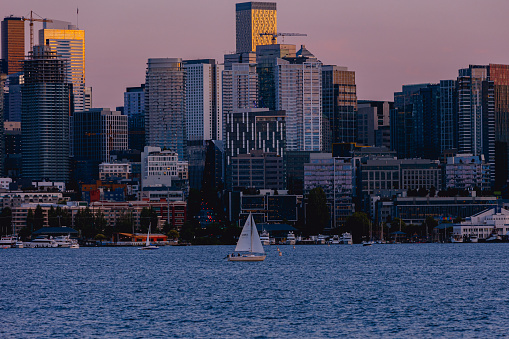 Sailboat on Lake Union in Seattle Washington. Taken at sunset from Gas Works Park.