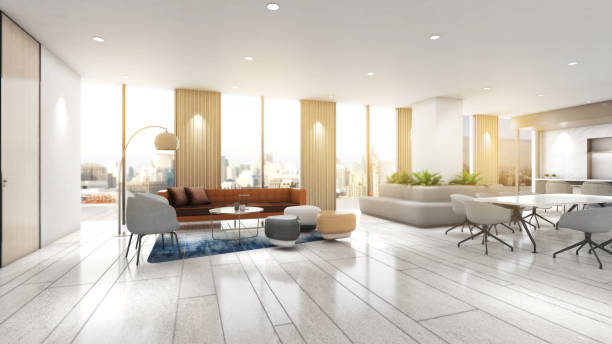 istock Living area and dining area in a high-rise condo building.,3d rendering 1584540959