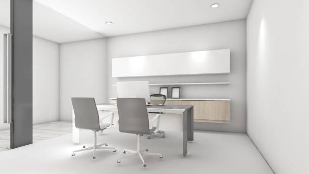 istock Company executive office White floor, white walls and executive desk.,3d rendering 1584555903