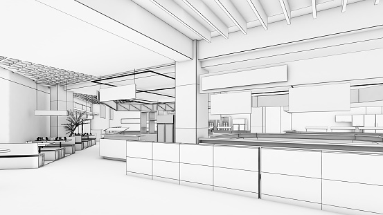 rendering in 3D Simple line illustration of the interior of a department store's food court, 3d rendering
