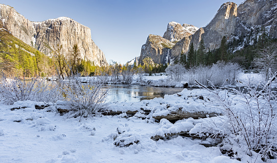 frozen ground along the Merced river in Yosemite Valley as the sun sets on El Capitan on a cold Winter afternoon