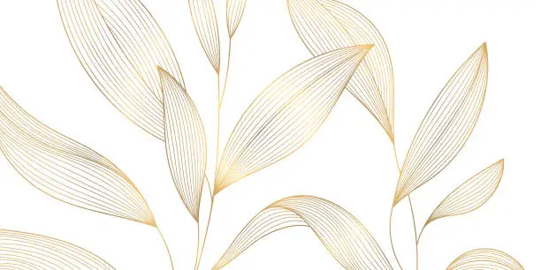 Vector illustration of Vector art deco luxury leaf line pattern, golden background. Hand drawn wavy plants for packaging, social media post, cover, banner, creative post and wall arts. Japanese style.