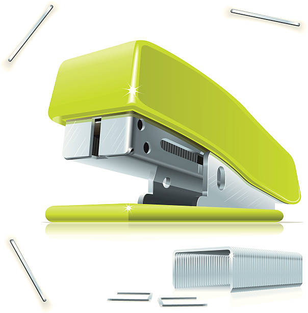 Green stapler circled by staples Illustration of little green stapler with staples on the table. staple stock illustrations