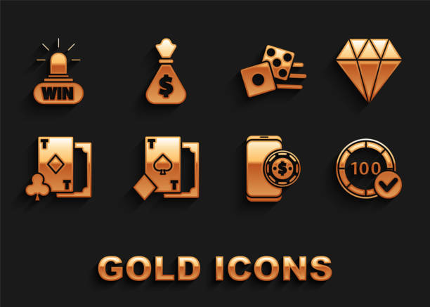 istock Set Playing card with spades, Diamond, Casino chips, Online poker table game, diamonds, Game dice, win and Money bag icon. Vector 1584569822