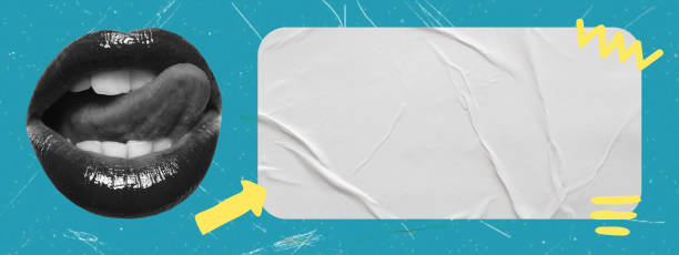 istock Art collage, lips licking tongue, communication bubble, with space for advertising. 1584580034