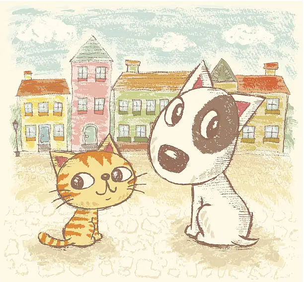 Vector illustration of Dog and Cat in Town