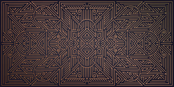 Vector abstract art deco luxury pattern, golden vintage artistic background with geometric shapes, archs and swirls. Linear retro ornament, gatsby card. Vector abstract art deco luxury pattern, golden vintage artistic background with geometric shapes, archs and swirls. Linear retro ornament, gatsby card gatsby stock illustrations