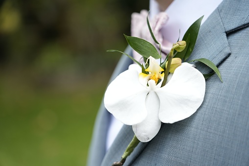A closeup of an orchid boutonniere on a classic gray suit