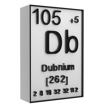 Dubnium,Phosphorus on the periodic table of the elements on white blackground,history of chemical elements, represents the atomic number and symbol.,3d rendering