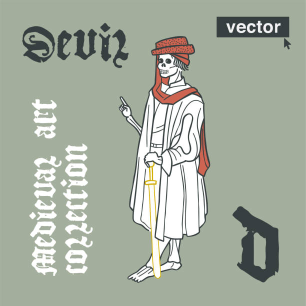 ilustrações de stock, clip art, desenhos animados e ícones de devil skeleton medieval illustration. character in hat with sword. engraving art with blackletter calligraphy. - cross hatching