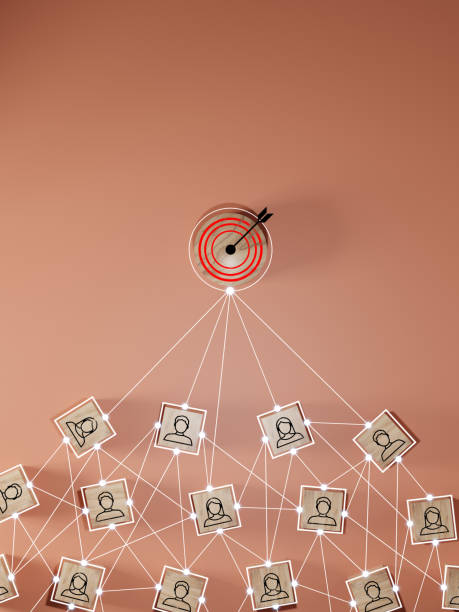 istock Red dartboard and black arrow connection linkage with human icon for customer focus target group and customer relation management concept. 1584626414