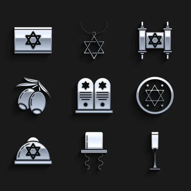 Vector illustration of Set Tombstone with star of david, Orthodox jewish hat sidelocks, Jewish goblet, coin, kippah, Olives branch, Torah scroll and Flag Israel icon. Vector