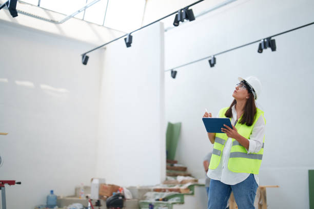 Woman wearing protective white helmet, using digital tablet at the construction site