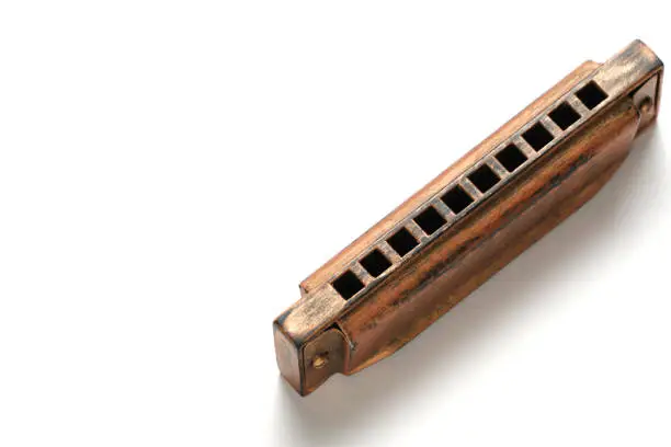 Photo of Old retro harmonica white background.