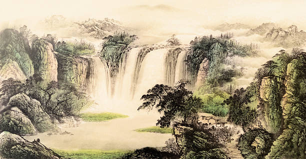 ilustrações de stock, clip art, desenhos animados e ícones de pintura tradicional chinesa - waterfall falling water water backgrounds