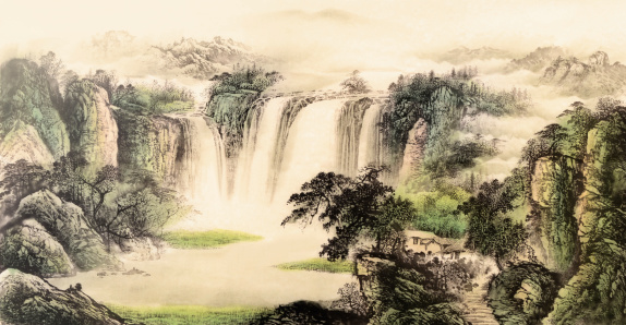 Chinese traditional painting of landscape with mountain and tree and river and waterfall on paper.