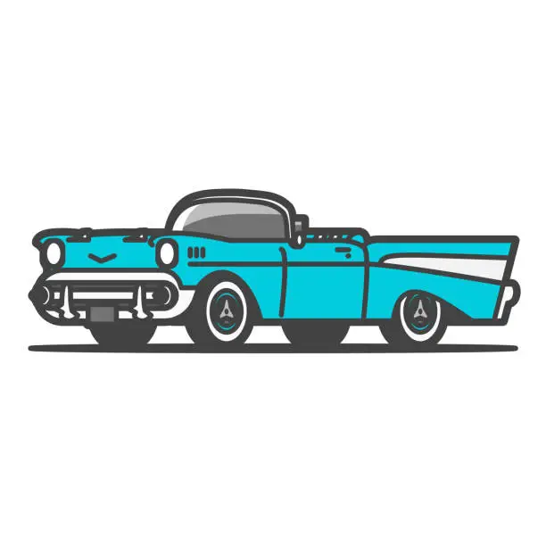 Vector illustration of Old American car, classic cars, open cars, convertible, light blue turquoise color paint