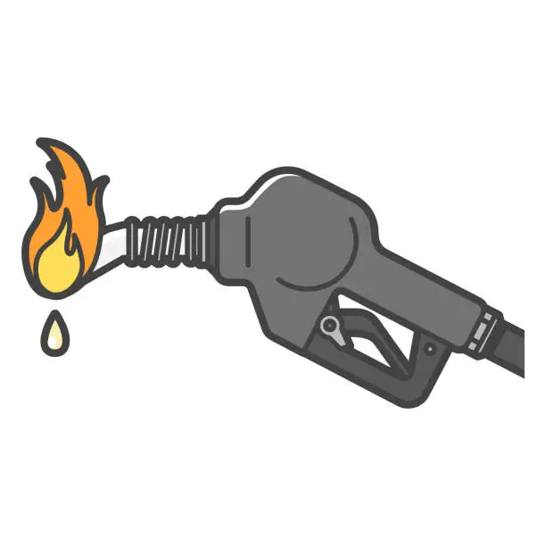Vector illustration of Gasoline refueling nozzle at a dangerous gas station that is igniting, burning